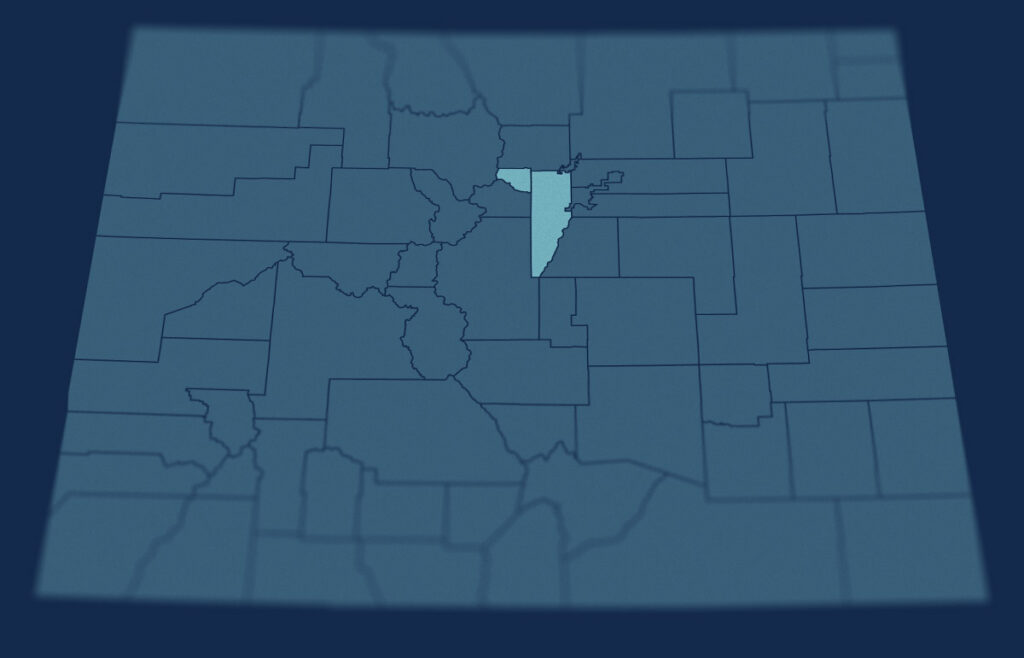 Map of Colorado with all counties outlined, Jefferson and Gilpin counties highlighted