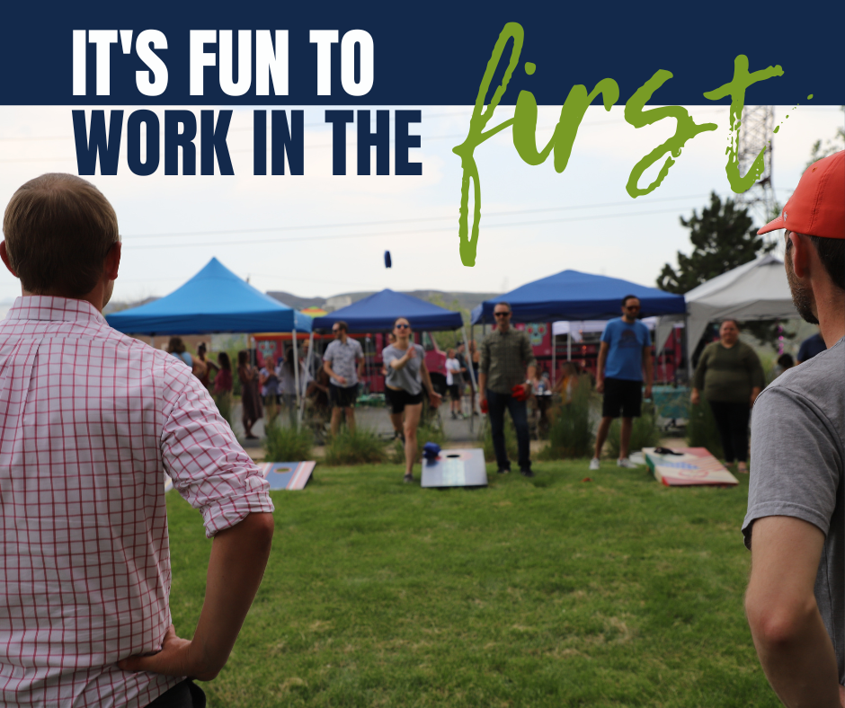 "It's fun to work in the first." An outdoor party with three games of cornhole.