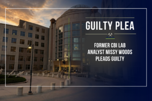Graphic announcing a guilty plea by the First Judicial District Attorney's Office. The background shows the Jefferson County Administration and Courts Building at dusk with a dark navy gradient overlay. At the top, the headline reads "Guilty Plea." Large text states: "FORMER CBI LAB ANALYST MISSY WOODS PLEADS GUILTY."