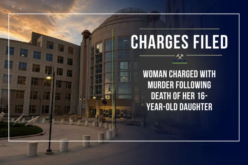 Graphic announcing criminal charges by the First Judicial District Attorney's Office. The background shows the Jefferson County Administration and Courts Building at dusk with a dark navy gradient overlay. At the top, the headline reads "Charges Filed." Large text states: "WOMAN CHARGED WITH MURDER FOLLOWING DEATH OF HER 16-YEAR-OLD DAUGHTER"