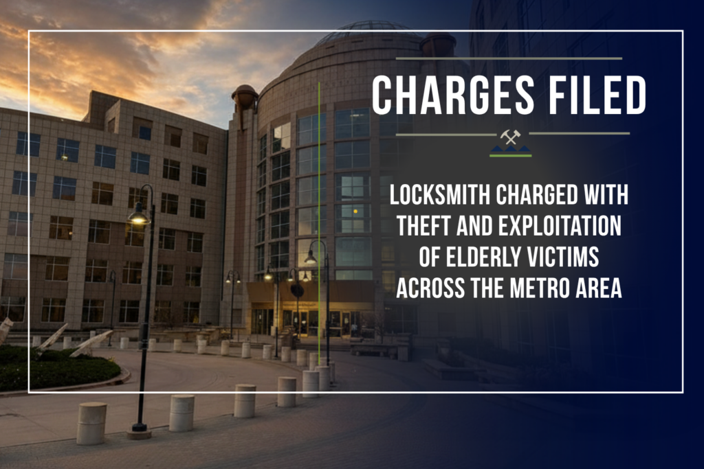 Graphic from the First Judicial District Attorney's Office featuring the Jefferson County Courthouse at sunset on the left and the District Attorney's seal and text on a dark blue background on the right. The text reads: "District Attorney, Gilpin & Jefferson Counties. Charges Filed. Locksmith charged with theft and exploitation of elderly victims across the metro area.